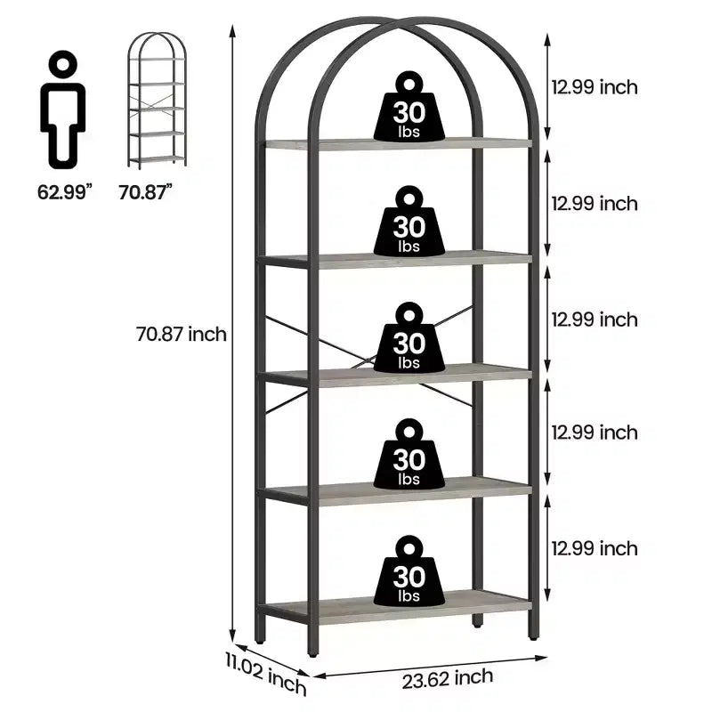 Libreria a 5 Ripiani con Arco, Scaffale Espositivo Alto, Struttura in Metallo, Libreria a Giorno, Grande Scaffale Nero per Camera da Letto
