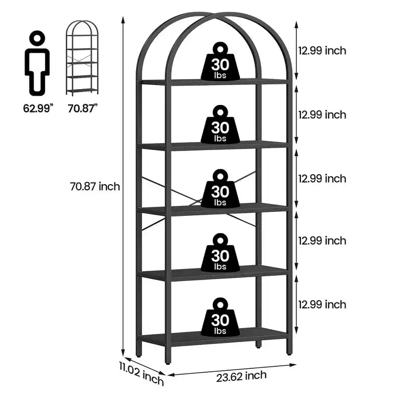 Libreria a 5 Ripiani con Arco, Scaffale Espositivo Alto, Struttura in Metallo, Libreria a Giorno, Grande Scaffale Nero per Camera da Letto