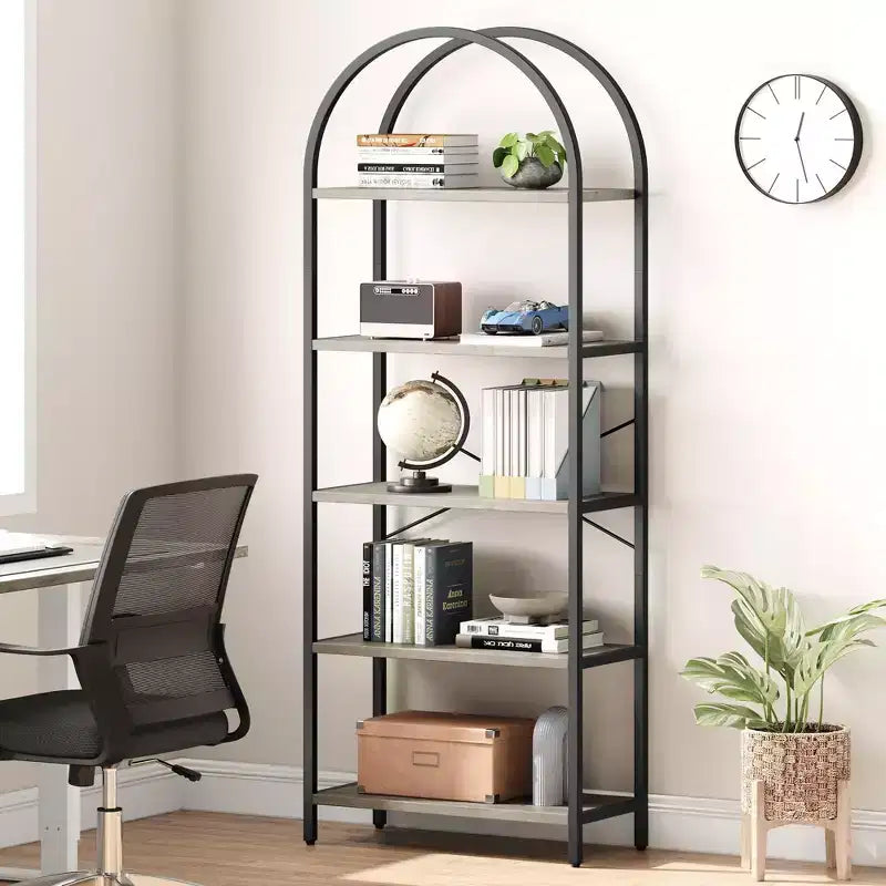 Libreria a 5 Ripiani con Arco, Scaffale Espositivo Alto, Struttura in Metallo, Libreria a Giorno, Grande Scaffale Nero per Camera da Letto