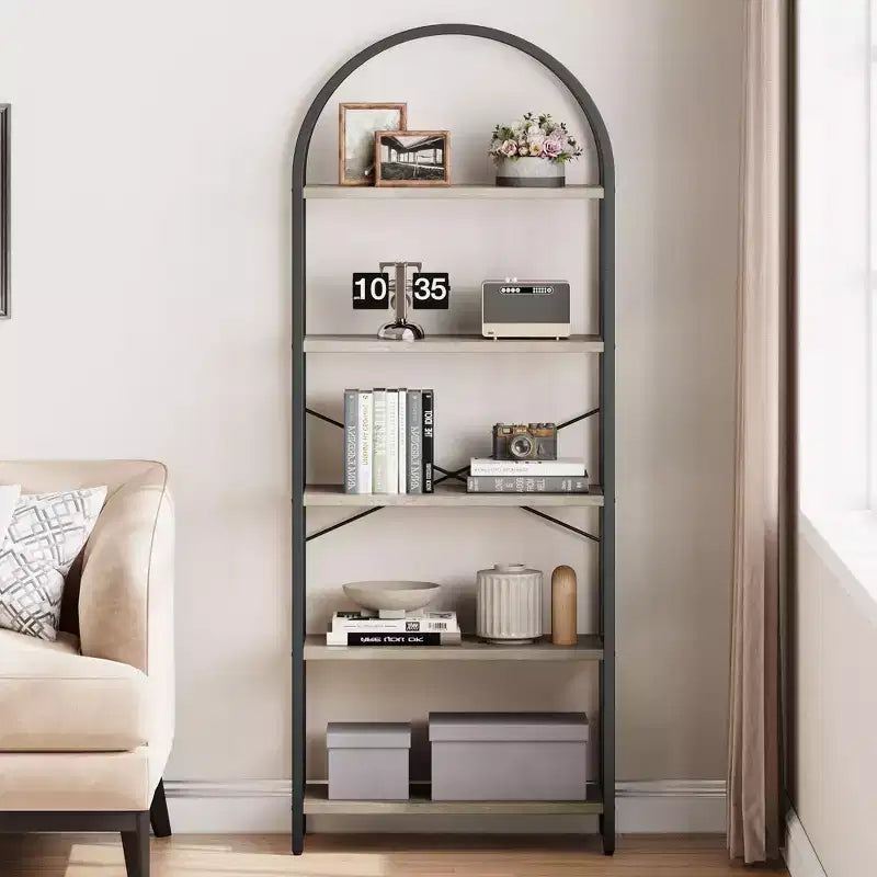 Libreria a 5 Ripiani con Arco, Scaffale Espositivo Alto, Struttura in Metallo, Libreria a Giorno, Grande Scaffale Nero per Camera da Letto