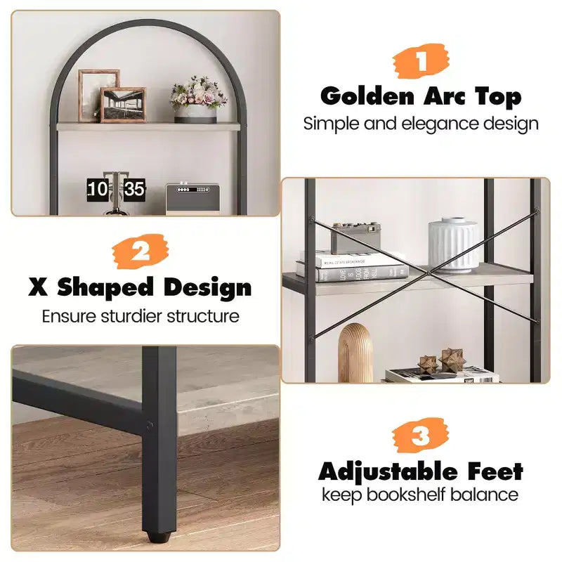 Libreria a 5 Ripiani con Arco, Scaffale Espositivo Alto, Struttura in Metallo, Libreria a Giorno, Grande Scaffale Nero per Camera da Letto