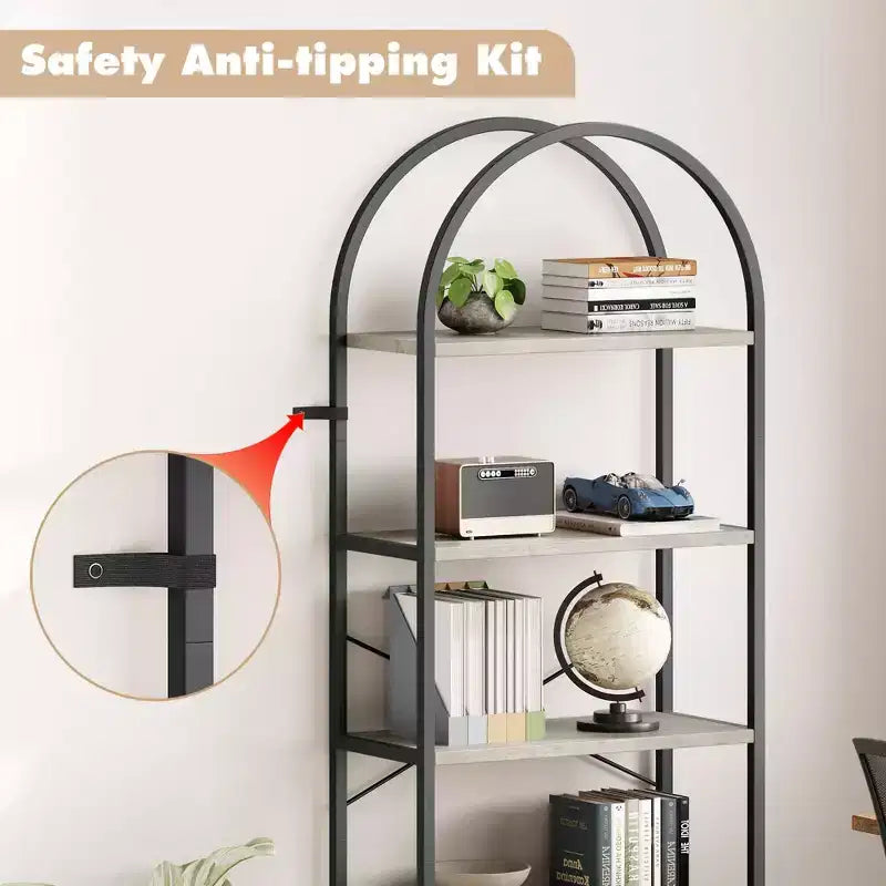 Libreria a 5 Ripiani con Arco, Scaffale Espositivo Alto, Struttura in Metallo, Libreria a Giorno, Grande Scaffale Nero per Camera da Letto
