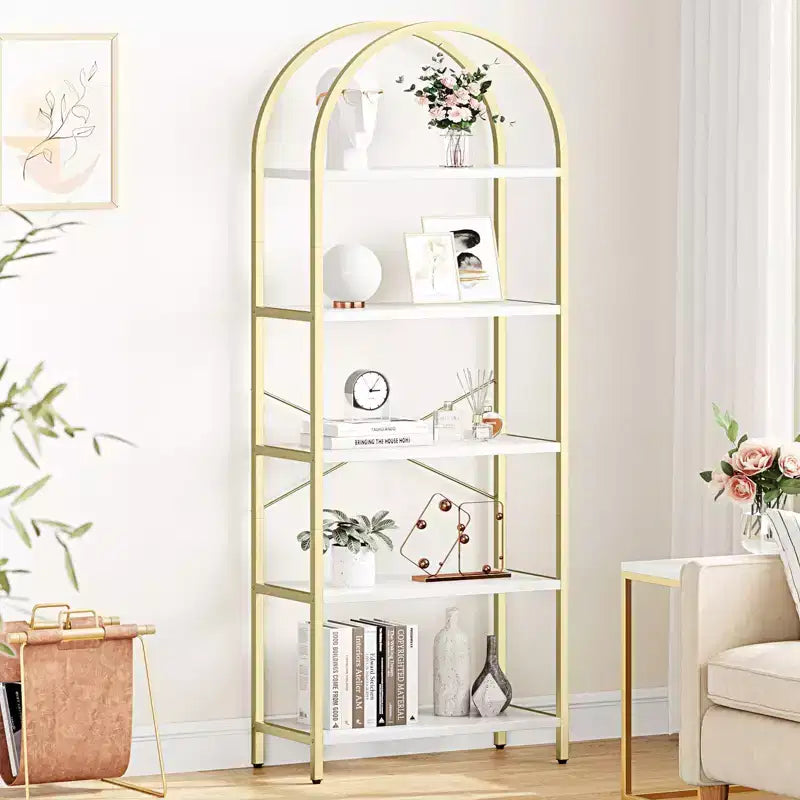 Libreria a 5 Ripiani con Arco, Scaffale Espositivo Alto, Struttura in Metallo, Libreria a Giorno, Grande Scaffale Nero per Camera da Letto