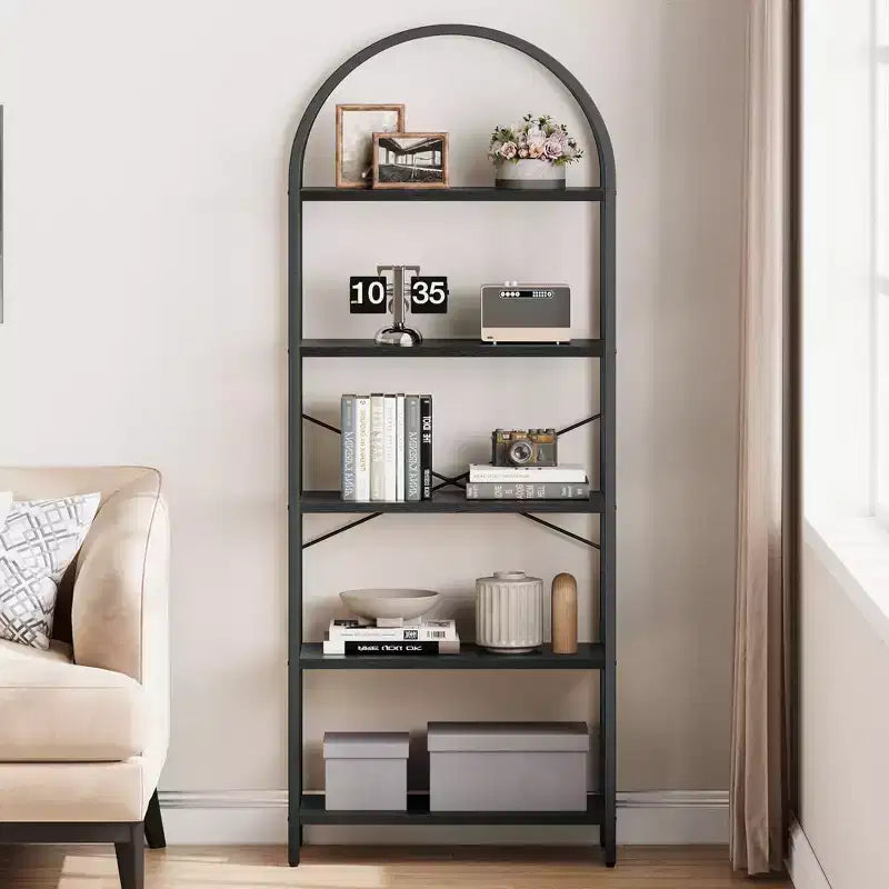 Libreria a 5 Ripiani con Arco, Scaffale Espositivo Alto, Struttura in Metallo, Libreria a Giorno, Grande Scaffale Nero per Camera da Letto