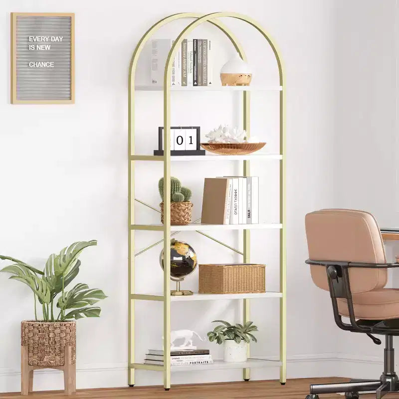 Libreria a 5 Ripiani con Arco, Scaffale Espositivo Alto, Struttura in Metallo, Libreria a Giorno, Grande Scaffale Nero per Camera da Letto