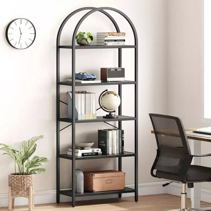 Libreria a 5 Ripiani con Arco, Scaffale Espositivo Alto, Struttura in Metallo, Libreria a Giorno, Grande Scaffale Nero per Camera da Letto