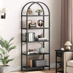 Libreria a 5 Ripiani con Arco, Scaffale Espositivo Alto, Struttura in Metallo, Libreria a Giorno, Grande Scaffale Nero per Camera da Letto