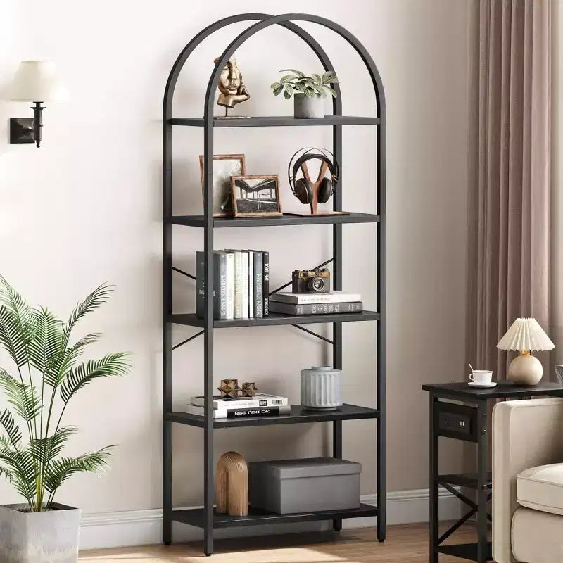 Libreria a 5 Ripiani con Arco, Scaffale Espositivo Alto, Struttura in Metallo, Libreria a Giorno, Grande Scaffale Nero per Camera da Letto