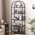 Bookshelf 5 Tier Bookcase Arched Display Racks Tall Standing Bookshelves Metal Frame Open Storage Rack Shelf Large Black Book Shelf for Bedroom