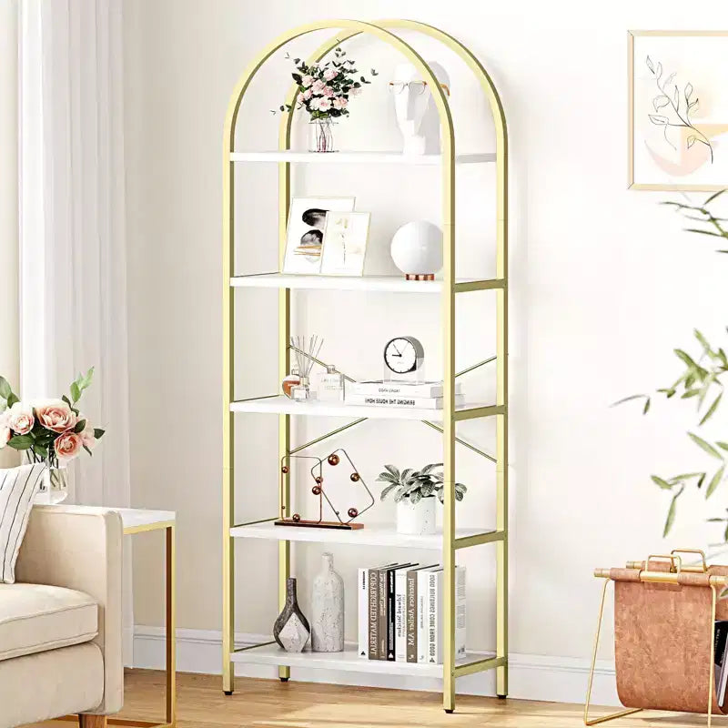 Libreria a 5 Ripiani con Arco, Scaffale Espositivo Alto, Struttura in Metallo, Libreria a Giorno, Grande Scaffale Nero per Camera da Letto