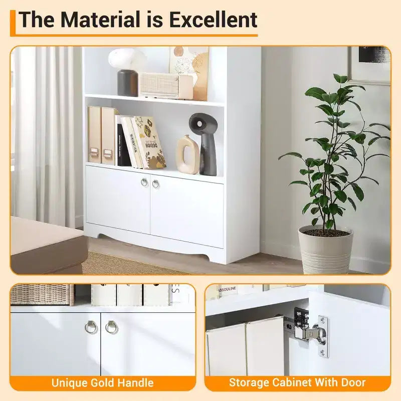 Libreria a 5 Ripiani con Ante, Scaffale Moderno Bianco da 160 cm con Armadietti, Espositore in Legno per Camera da Letto, Soggiorno, Ufficio
