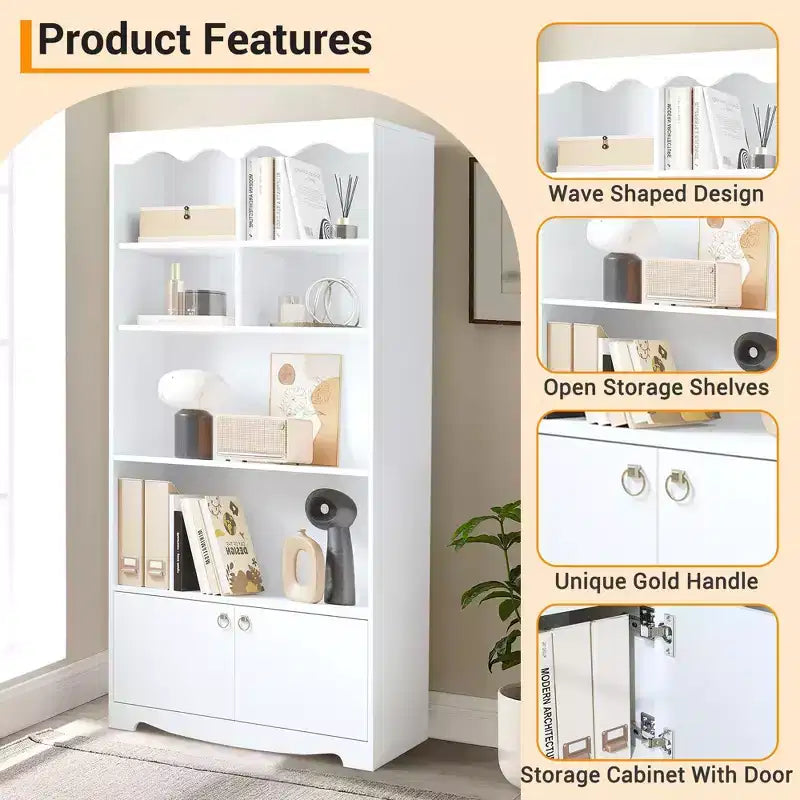 Libreria a 5 Ripiani con Ante, Scaffale Moderno Bianco da 160 cm con Armadietti, Espositore in Legno per Camera da Letto, Soggiorno, Ufficio