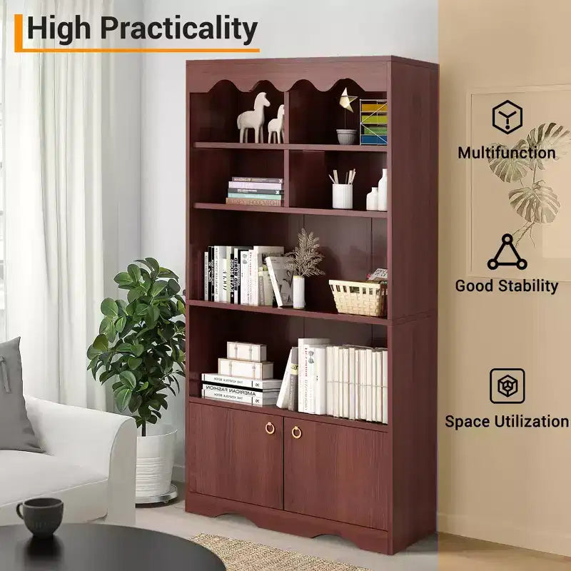 Libreria a 5 Ripiani con Ante, Scaffale Moderno Bianco da 160 cm con Armadietti, Espositore in Legno per Camera da Letto, Soggiorno, Ufficio