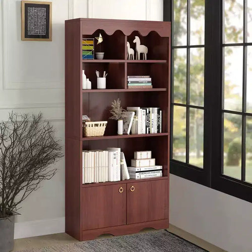 5 Tier Bookcase with Doors, 63 in Tall Modern White Bookshelf with Cabinets, Wood Book Shelf Display Cabinet for Bedroom, Living Room, Office