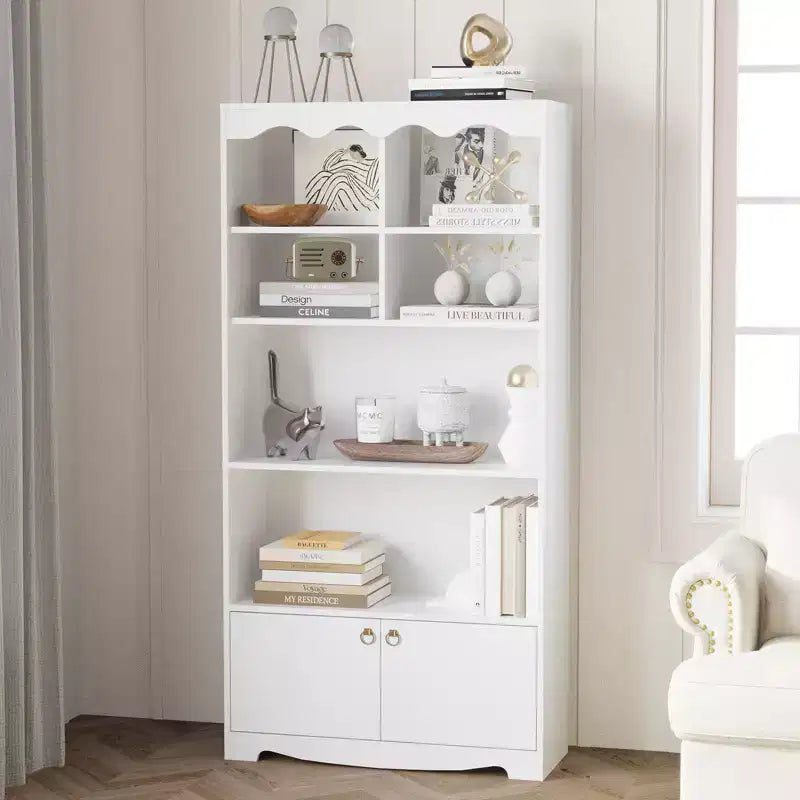 Libreria a 5 Ripiani con Ante, Scaffale Moderno Bianco da 160 cm con Armadietti, Espositore in Legno per Camera da Letto, Soggiorno, Ufficio
