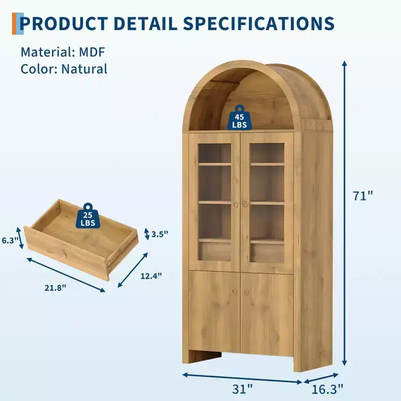 Armadietto ad Arco Alto 180 cm con Ante, Dispensa da Cucina ad Arco con Cassetto Nascosto, Ripiani Regolabili, Armadietti Moderni per Esposizione e Contenimento
