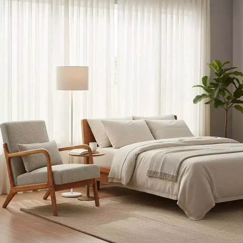 Poltrona Homy Casa moderna di metà secolo con struttura in legno massello e seduta imbottita, per soggiorno, camera da letto o angolo lettura