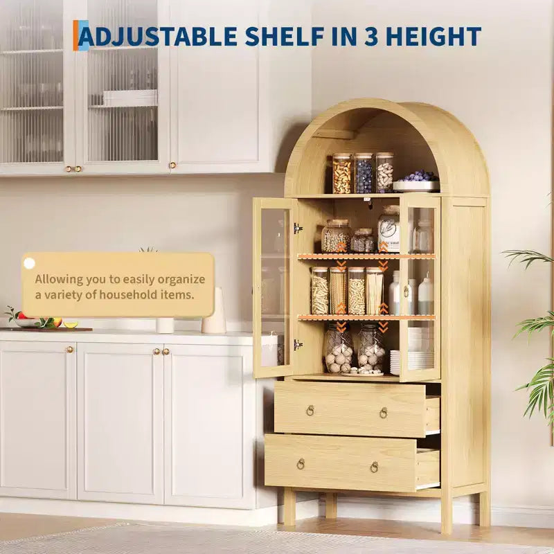 Dispensa da cucina alta 71" con arco, armadietti contenitori moderni in legno stile fattoria per cucina, sala da pranzo