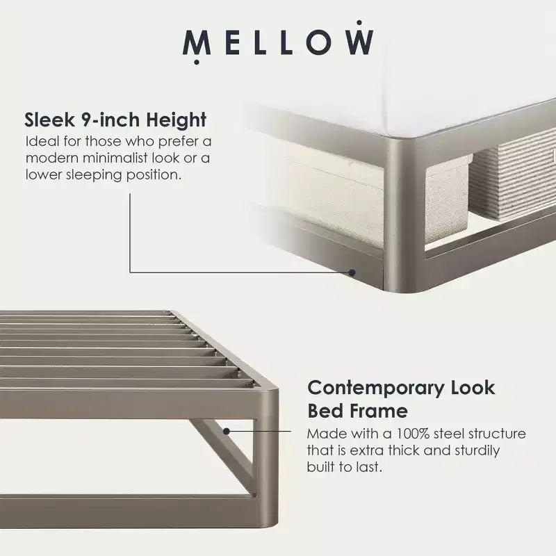 Mellow Struttura letto a piattaforma in metallo da 9 pollici con base materasso, King, Grigio