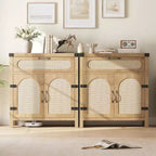 Mobiletto in Rattan con Ante e Cassetto, Credenza Boho, Buffet, Tavolino Consolle, Mobile Bar per Ingresso, Soggiorno,