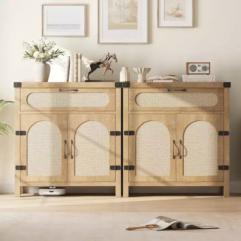 Mobiletto in Rattan con Ante e Cassetto, Credenza Boho, Buffet, Tavolino Consolle, Mobile Bar per Ingresso, Soggiorno,