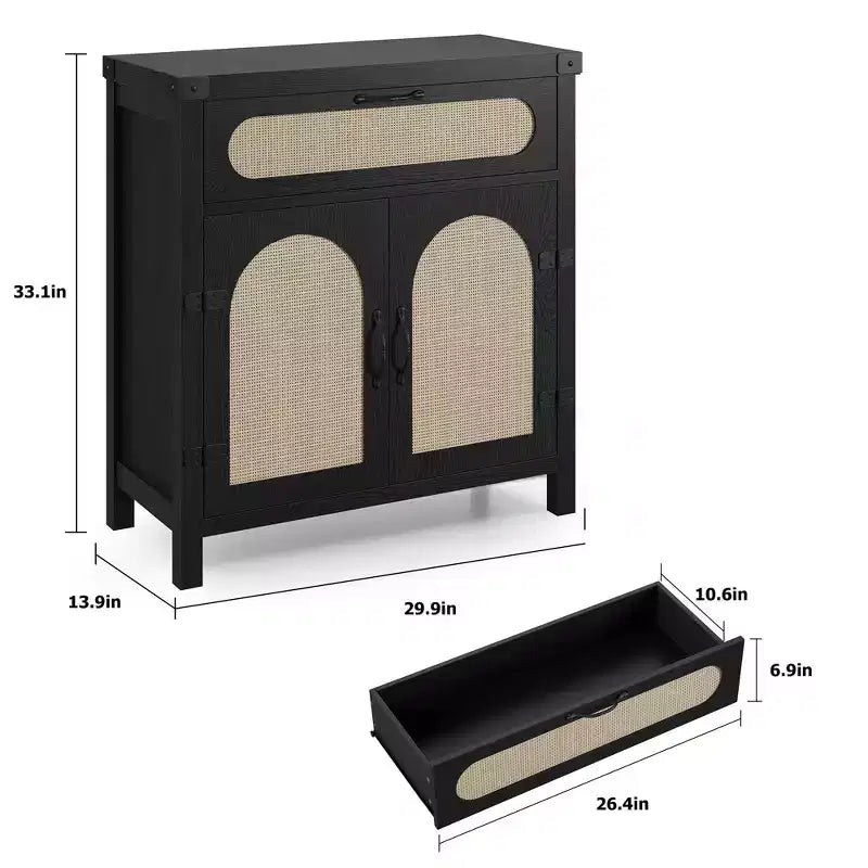 Mobiletto in Rattan con Ante e Cassetto, Credenza Boho, Buffet, Tavolino Consolle, Mobile Bar per Ingresso, Soggiorno,