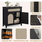 Mobiletto in Rattan con Ante e Cassetto, Credenza Boho, Buffet, Tavolino Consolle, Mobile Bar per Ingresso, Soggiorno,