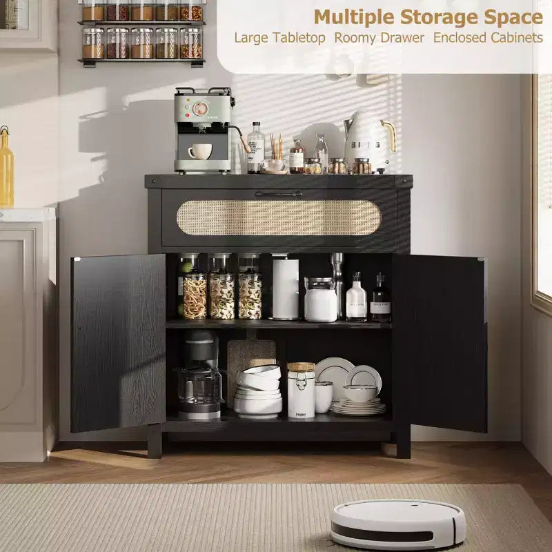 Mobiletto in Rattan con Ante e Cassetto, Credenza Boho, Buffet, Tavolino Consolle, Mobile Bar per Ingresso, Soggiorno,