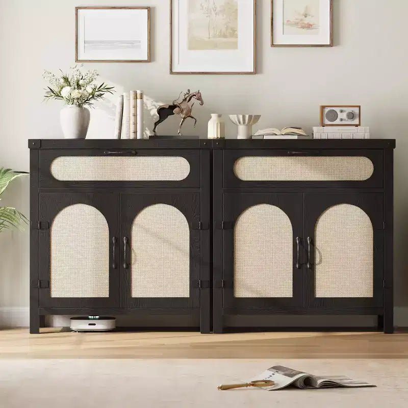 Mobiletto in Rattan con Ante e Cassetto, Credenza Boho, Buffet, Tavolino Consolle, Mobile Bar per Ingresso, Soggiorno,