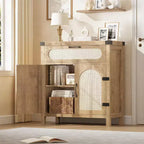 Mobiletto in Rattan con Ante e Cassetto, Credenza Boho, Buffet, Tavolino Consolle, Mobile Bar per Ingresso, Soggiorno,