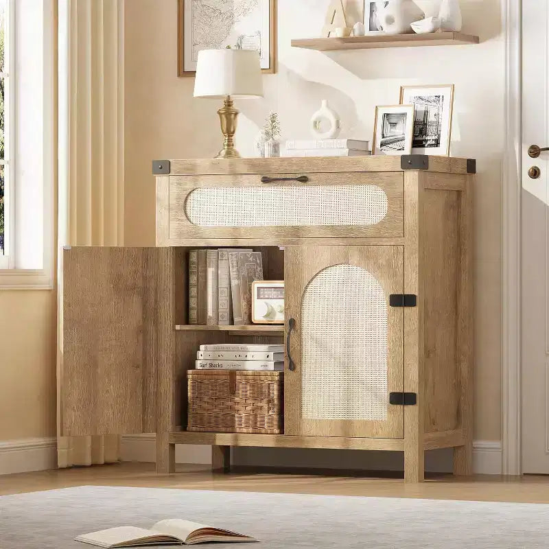 Mobiletto in Rattan con Ante e Cassetto, Credenza Boho, Buffet, Tavolino Consolle, Mobile Bar per Ingresso, Soggiorno,