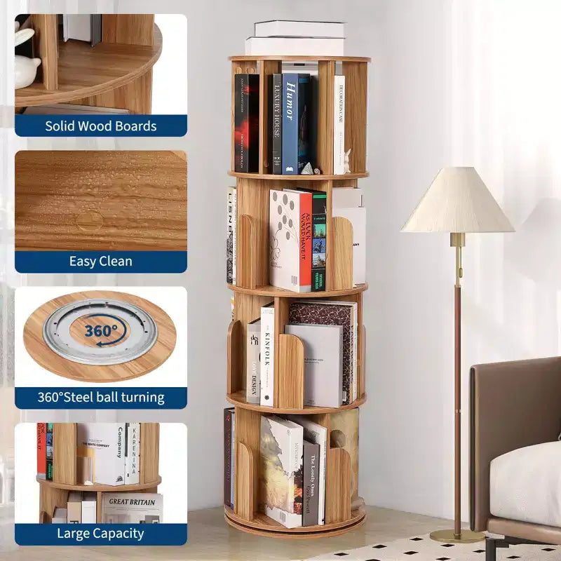 Libreria Rotante in Legno, Scaffale a 4 Livelli con Display a 360 Gradi, Organizzatore Multifunzionale per Soggiorno e Camera da Letto