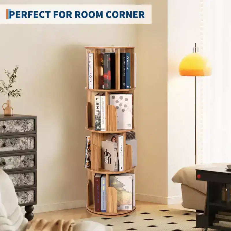 Libreria Rotante in Legno, Scaffale a 4 Livelli con Display a 360 Gradi, Organizzatore Multifunzionale per Soggiorno e Camera da Letto