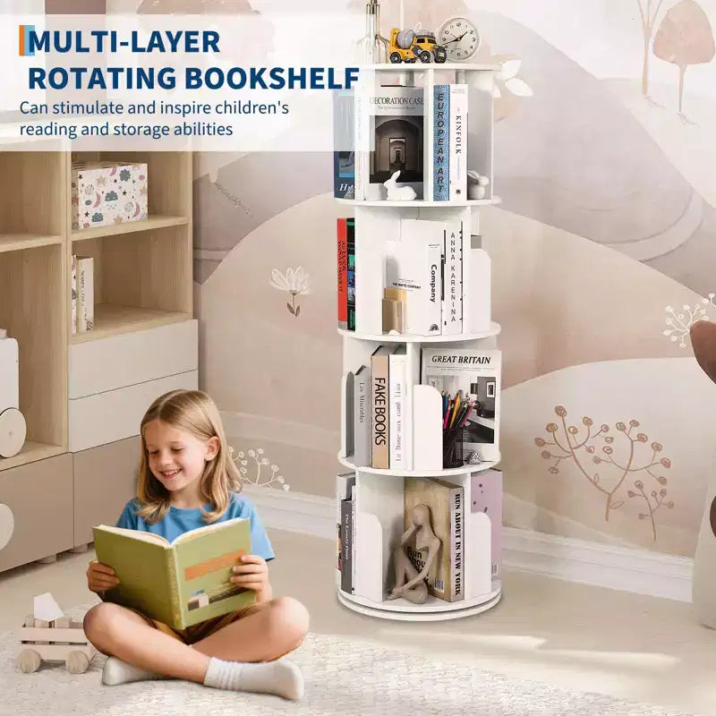 Libreria Rotante in Legno, Scaffale a 4 Livelli con Display a 360 Gradi, Organizzatore Multifunzionale per Soggiorno e Camera da Letto