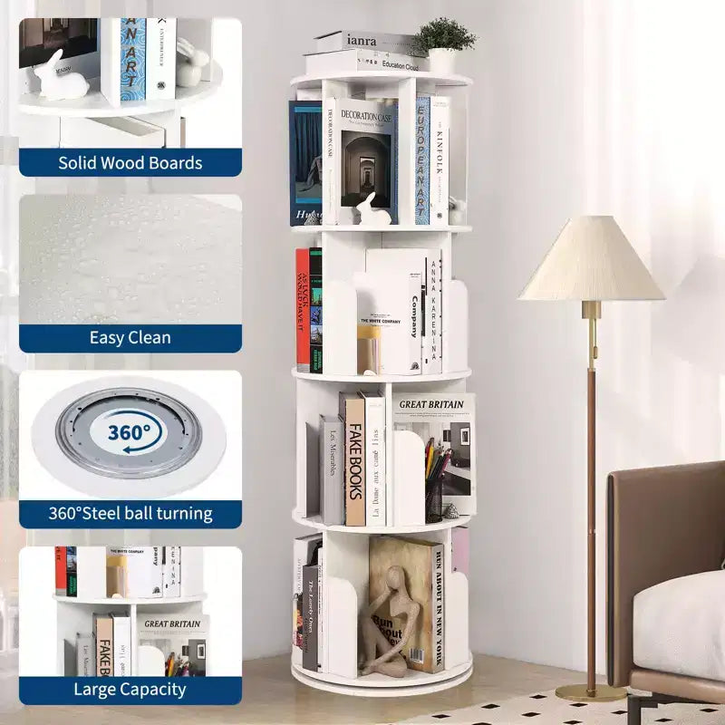 Libreria Rotante in Legno, Scaffale a 4 Livelli con Display a 360 Gradi, Organizzatore Multifunzionale per Soggiorno e Camera da Letto