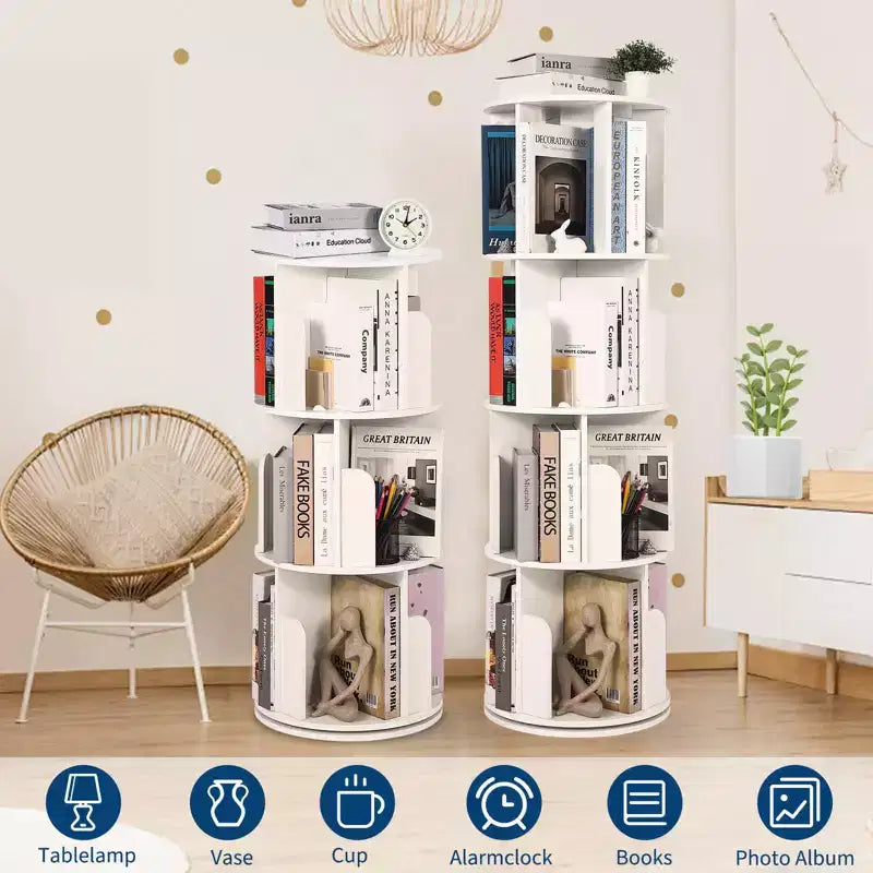 Libreria Rotante in Legno, Scaffale a 4 Livelli con Display a 360 Gradi, Organizzatore Multifunzionale per Soggiorno e Camera da Letto