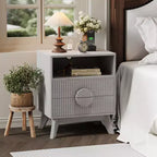 Fluted Nightstand with 2 Drawers & Open Shelf, Modern Wooden Bedside Table for Bedroom, End Table with Storage for Living Room