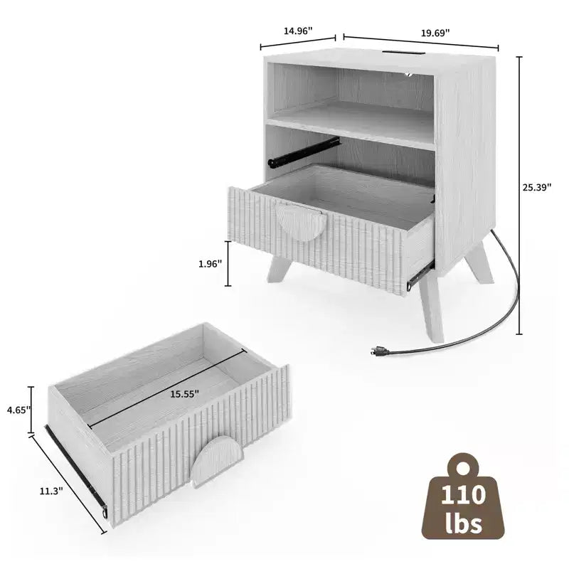 Comodino scanalato con 2 cassetti e ripiano aperto, comodino moderno in legno per camera da letto, tavolino con contenitore per soggiorno