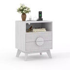 Comodino scanalato con 2 cassetti e ripiano aperto, comodino moderno in legno per camera da letto, tavolino con contenitore per soggiorno