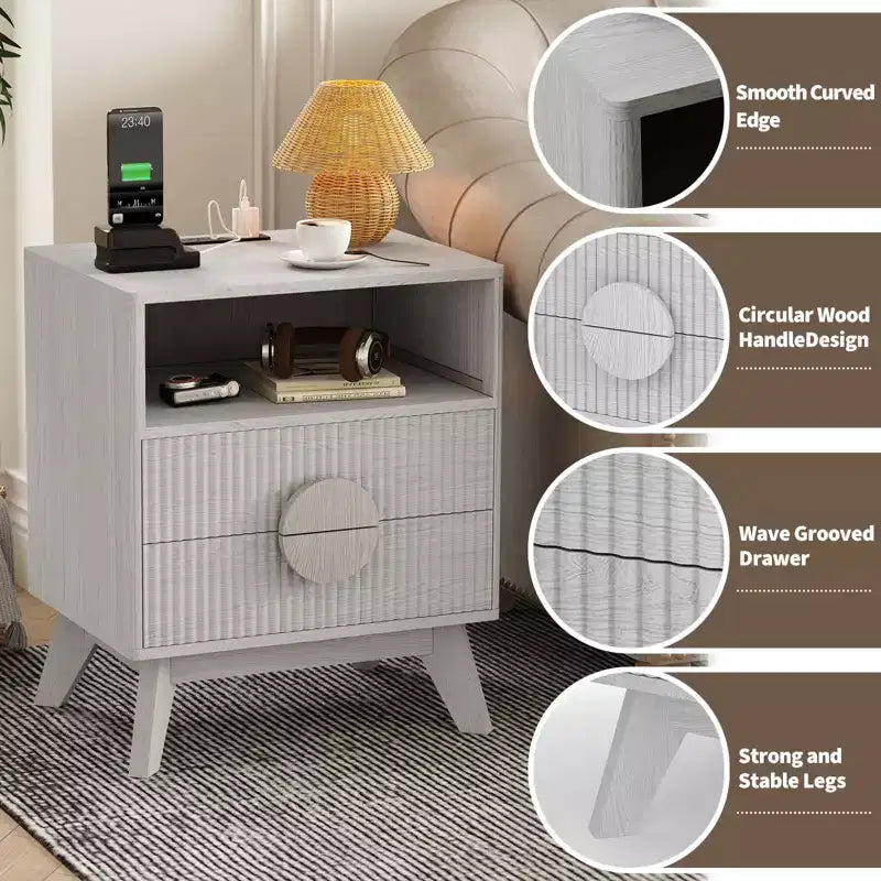 Comodino scanalato con 2 cassetti e ripiano aperto, comodino moderno in legno per camera da letto, tavolino con contenitore per soggiorno