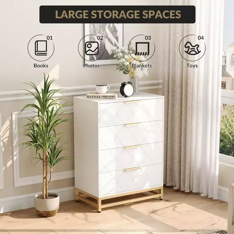 Comò a 4 cassetti per camera da letto, Comò in legno con gambe e maniglie in metallo, Cassettiera da comodino per soggiorno, corridoio, ingresso