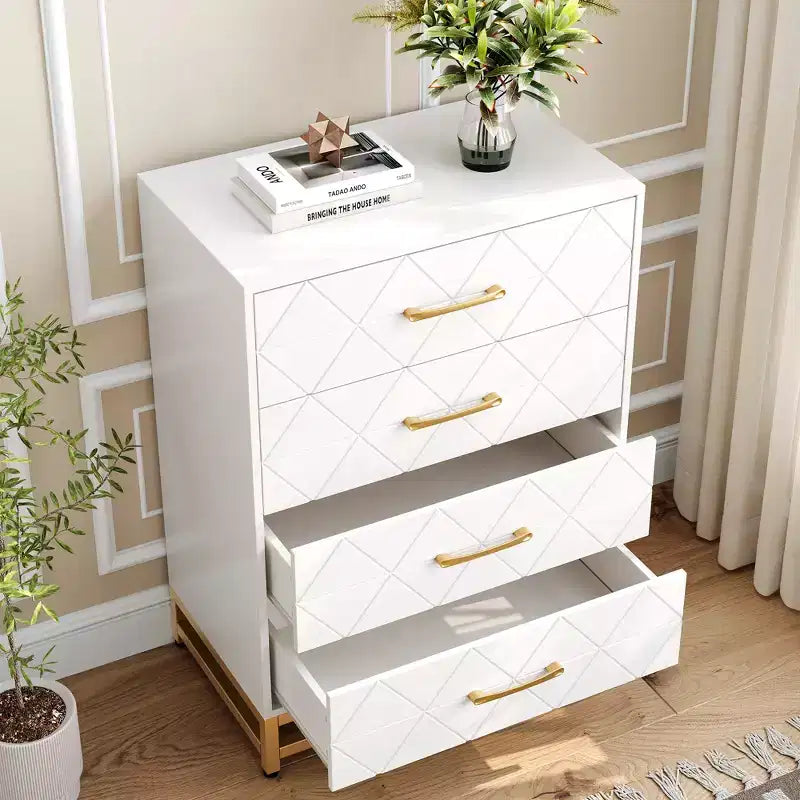 Comò a 4 cassetti per camera da letto, Comò in legno con gambe e maniglie in metallo, Cassettiera da comodino per soggiorno, corridoio, ingresso