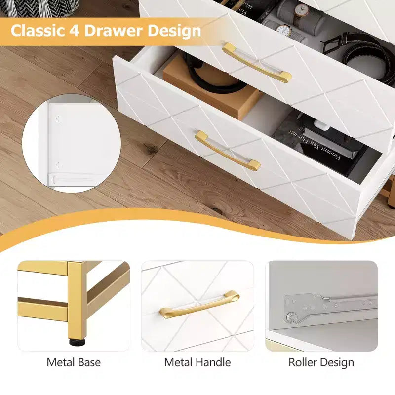 Comò a 4 cassetti per camera da letto, Comò in legno con gambe e maniglie in metallo, Cassettiera da comodino per soggiorno, corridoio, ingresso
