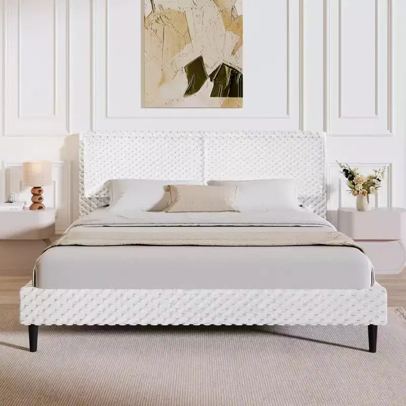 Telaio letto imbottito Queen/King Size con morbida testiera, struttura letto a piattaforma in legno per camera da letto - ModernLuxe