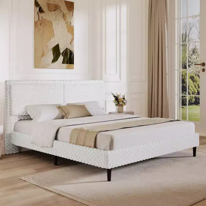 Telaio letto imbottito Queen/King Size con morbida testiera, struttura letto a piattaforma in legno per camera da letto - ModernLuxe