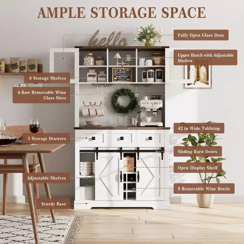 TruAIR 72 Mobile Bar con Porta Scorrevole a Fienile, Credenza Alta da Cucina con Mobiletto Superiore e 3 Cassetti, Madia Rustica da Caffè e Vino