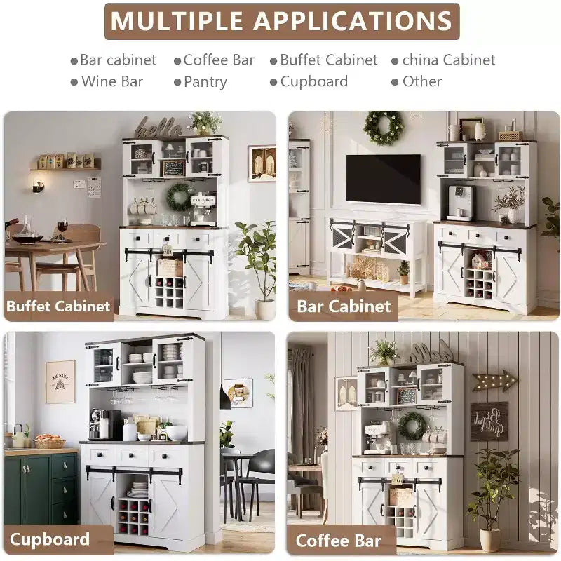 TruAIR 72 Mobile Bar con Porta Scorrevole a Fienile, Credenza Alta da Cucina con Mobiletto Superiore e 3 Cassetti, Madia Rustica da Caffè e Vino
