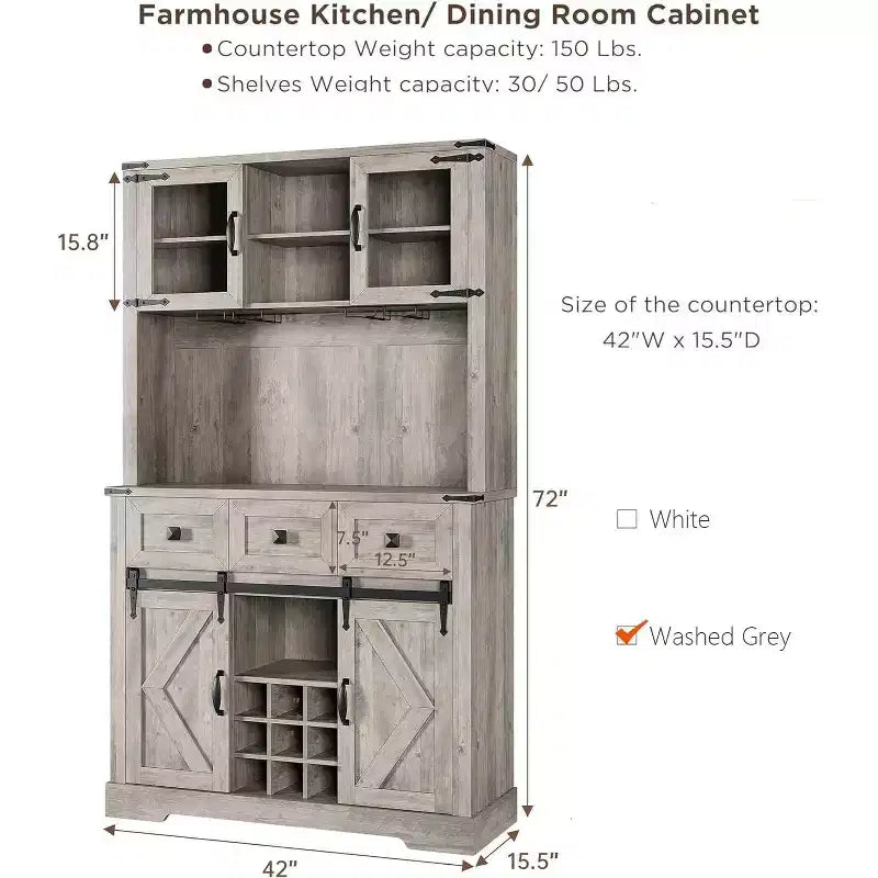 TruAIR 72 Mobile Bar con Porta Scorrevole a Fienile, Credenza Alta da Cucina con Mobiletto Superiore e 3 Cassetti, Madia Rustica da Caffè e Vino
