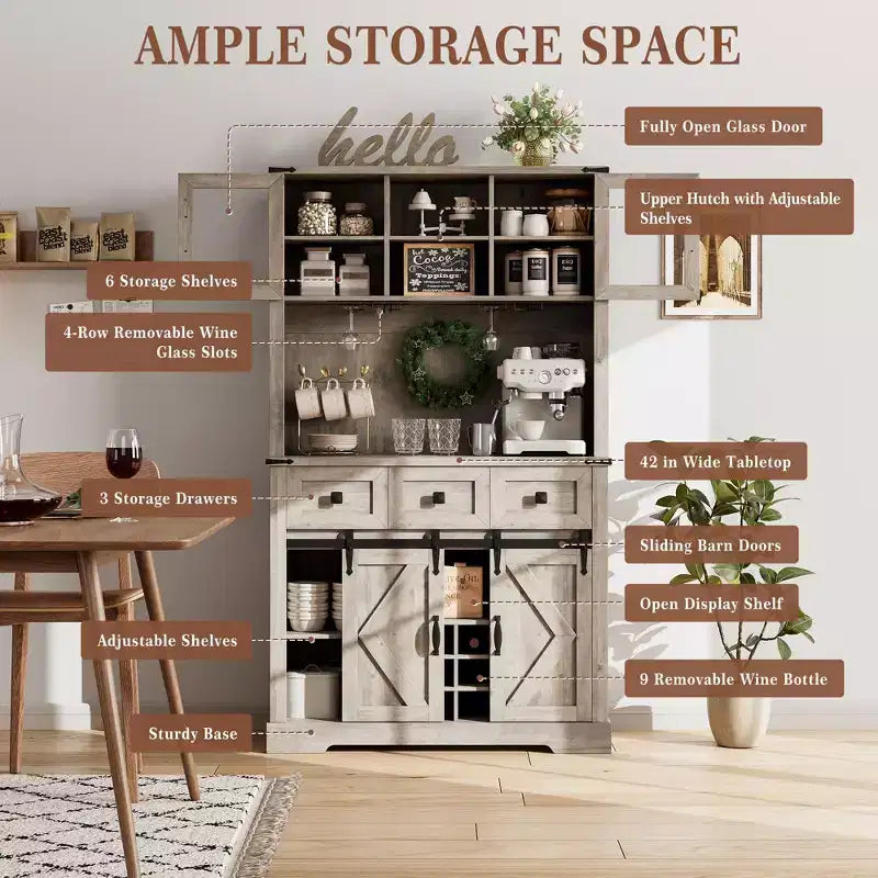 TruAIR 72 Mobile Bar con Porta Scorrevole a Fienile, Credenza Alta da Cucina con Mobiletto Superiore e 3 Cassetti, Madia Rustica da Caffè e Vino