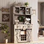 TruAIR 72 Farmhouse Bar Cabinet with Sliding Barn Door,Tall Kitchen Buffet with Storage Hutch and 3 Drawer,Rustic Coffee Wine Bar Sideboard with Wine